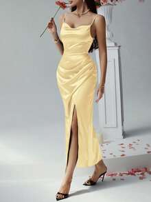 Đầm dài dáng suông thanh lịch, xẻ tà, màu trơn gợi cảm dành cho nữ của Look Polly, thích hợp cho các bữa tiệc, hẹn hò, đi chơi, đi biển, đầm hai dây gợi cảm mùa hè. - Màu vàng - Xem 10