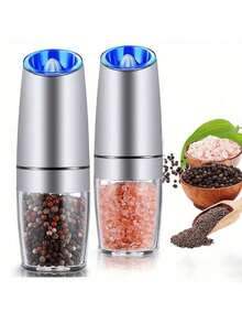 1件/2件套电动盐和胡椒研磨器，研磨粗细可调，电池供电，带LED灯，单手自动操作，不锈钢材质 - 彩色 - 查看 5