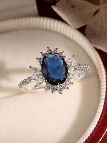 Anillo de zafiro brillante de circonita cúbica en caja de regalo, joyería de moda para mujer, material de cobre hipoalergénico y no descolorido, regalo ideal para días festivos - Plata-zafiro - Ver 2