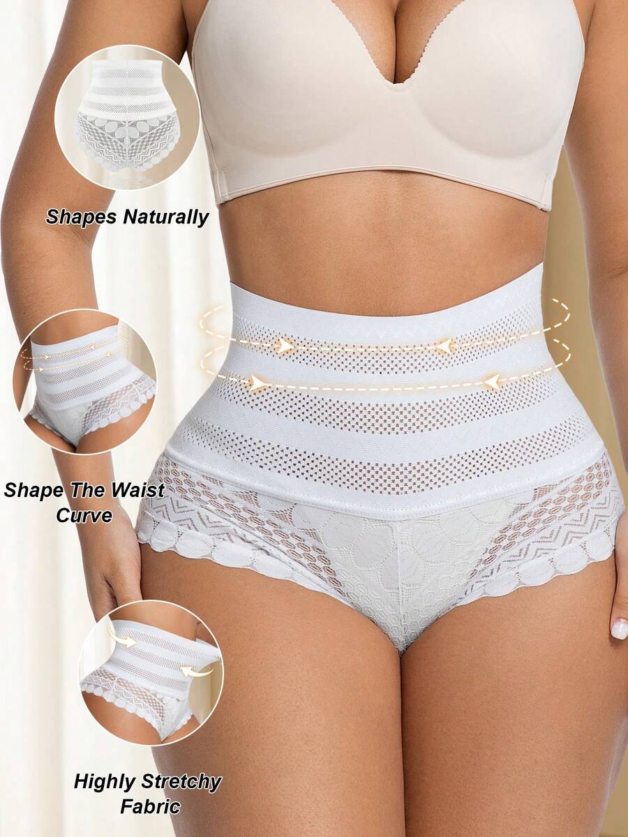 Women's Comfortable Lace Trim High Waist Compression Shapewear Panties - White - View 1