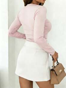 Women's Sexy, Elegant, Minimalist Charm Daily Outfit, Suitable For Gatherings, Dates, Parties. Made Of Stretchy, Comfortable Knit Fabric. Features 2 In 1 Design, Chest Ruching, Round Ring Twist Knot, Asymmetric Ruffle Hem, Hollow Criss-Cross Straps. Suitable For Evenings, Holidays, School, Office, Home, Birthdays, Singles Parties, Concerts, Travel, Airports, Tea Parties. - Baby Pink - View 6