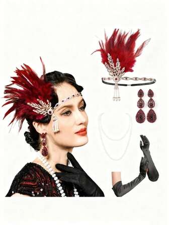 1920s Flap Flying Wave Clothing Accessories Wedding Party Event Set 20 Seconds Flap Head With Old-Fashioned Pearl Necklace Gloves, Retro Zinc Alloy
