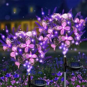 1pc Solar 7-Head Lavender Lamp, LED Outdoor Valentine's Day Romantic Lavender Butterfly Garden Lamp, Suitable For Courtyard, Garden, Path, Backyard, Lawn Lighting, Valentine's Day, Wedding, Christmas, Holiday Party Atmosphere Decoration