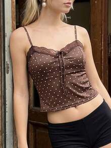 Women's Y2K Dot Print Cami Tank Top Fairy Lace Trim Sleeveless Bow Front Slim Fit Camisole Crop Tops Sexy Backless Sleeveless Vest Shirt Summer Cute Going Out Tops Club Streetwear - Cà phê nâu - Xem 4