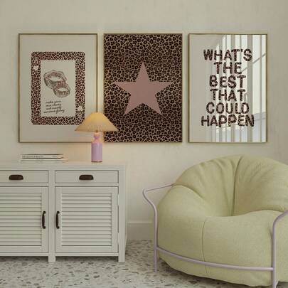 Bộ 3 tranh dán tường không khung phong cách Y2K, họa tiết da báo hồng, hình ngôi sao và da báo, trang trí họa tiết động vật, phù hợp cho phòng khách, phòng ngủ, ký túc xá, tranh dán tường thời trang, trang trí phòng, tranh nghệ thuật treo tường.