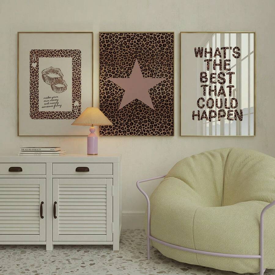 1/3 Peças Conjunto de Cartões Sem Moldura Y2K, Impressão de Leopardo Rosa, Conjunto de Adesivos de Parede com Estrela e Fonte de Leopardo, Decoração de Estampa Animal, Adequado para Sala de Estar, Quarto, Dormitório, Pôster da Moda, Decoração de Quarto, Arte de Parede - Multicolorido - Visão 1