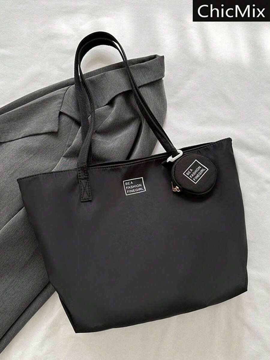 时尚纯色简洁字母图案二合一单肩包和托特包大容量纯色托特包，尼龙单肩包，女士日常通勤包大容量，轻便，便携，适合少女女大学生，非常适合返校，大学，初中，高中，文学学校包和书包，适合女性或学生，非常适合书籍，购物，返校等，女士托特包，大学必备品 - 黑色 - 查看 1