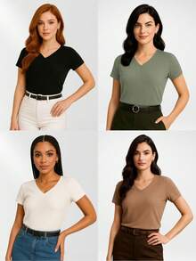 Set Of 3 Women's Basic Casual V-Neck Blouses, 100% Cotton - Size G00 - 彩色 - 查看 12
