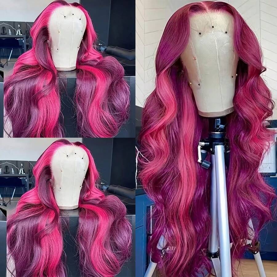 13X4 Free Part Ombre Pink Body Wave Synthetic Lace Front Wigs For Women 28 Inch Long Wavy Hair Wigs Glueless Soft Pink Ombre Colored Wigs Heat Resistant Christmas Wig Natural Long Wave Lace Front Wigs For Daily Party Cosplay Use - 挑染粉色 - 查看 1