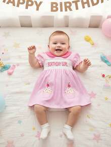 Vestido de primavera y verano para niñas pequeñas, con estampado de cupcakes, bordado, de manga corta y cuello de muñeca, corte en A, fruncido, ideal para uso diario y de ocio, de 12 meses a 5 años. - Rosa - Ver 5