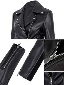 Women's Motorcycle Zipper Leather Jacket, Spring/Autumn - Black - View 4