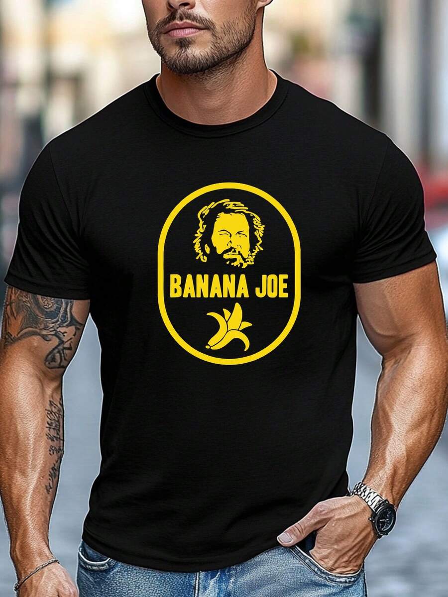 Men's Banana Joe Pattern Summer Casual Crew Neck Short T-Shirt - Black - View 1