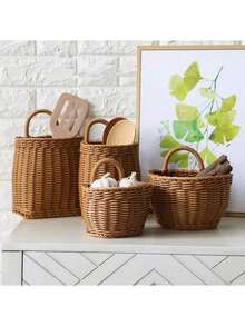 1pc/2pcs Handmade Woven Rattan Storage Basket, Hanging Basket For Kitchen, Living Room, Fruit & Miscellaneous Storage, Outdoor Picnic Basket, Shelf Basket, Washable And Moisture-Resistant, Vintage Garden Woven Rattan Storage Basket, Living Room, Kitchen, Bathroom Hanging Basket, Valentine's Day Gift, Best Gift For Her, Shelf Basket - Multicolor - View 9