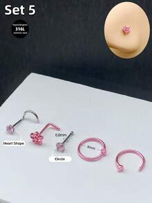5件套休闲少女粉色鼻钉套装 - 爱心、花朵、蝴蝶结、兔子、20G水钻L型鼻环、星星、小熊、蝴蝶鼻钉，多功能水晶鼻耳穿刺饰品，送给女性和女孩的礼物，日常佩戴，生日、万圣节、派对、节日、圣诞节、工作日皆宜 - 粉色 - 查看 6