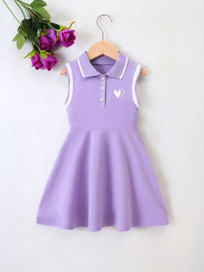 Girls' Heart Print Color Block Trim Polo Collar Dress, Summer Holiday