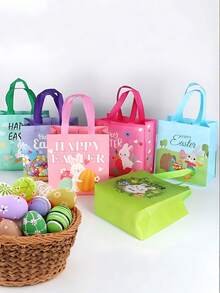 6pcs Reusable Easter Gift Bags With Handles, Easter Gift Bags, Happy Easter Reusable Non-Woven Fabric Gift Bags, Rabbit Egg Hunt Party Gift Packaging Bags, Rabbit Floral Egg Pattern, Easter Party Favors, Basket Fillers And Decor - Multicolor - View 4