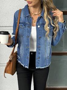 chamarra de mezclilla mujer Chamarra Denim Cazadoras Mezclilla Abrigos Vaqueros Azul Manga Larga Botones aplicaciones manga larga solapa bolsillos Chaqueta vaquera corta con dobladillo de manga larga para mujer - Azul claro - Ver 3