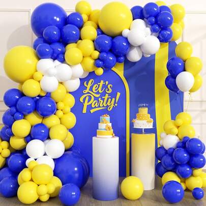 131件皇家蓝和黄色气球拱门套装 - 白色、皇家蓝和黄色气球拱门套装，包含各种尺寸的气球，适用于周年纪念、毕业典礼、婴儿派对、生日派对装饰