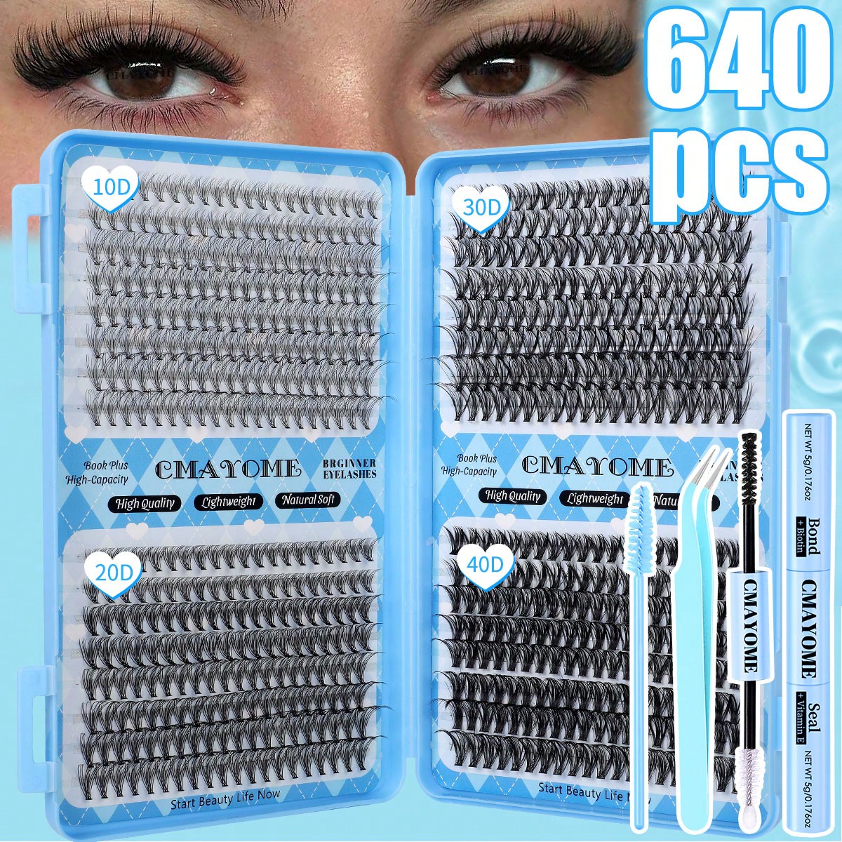 Juego de 640/592/576 piezas de pestañas postizas, pestañas postizas de gran capacidad, uso doméstico DIY, incluye pegamento, adhesivo & sellador, c