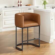 26" H Counter Height Bar Stools Set Of 3, Modern Barrel Counter Stools With Backrest And Arms, Linen Fabric Upholstered Accent Barstools For Kitchen Island,Support 450 LBS (Beige) - Walnut - 查看 13