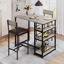 Techigher Dining Table Set For 2, Kitchen Table And Chairs, 3 Piece Counter Height Bar Kitchen Table Set With 2 Upholstered Chairs & 3 Storage Shelves For Small Space, Apartment - 1+2 Set - Gray - 查看 3