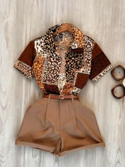 Blusa elegante de manga corta con cuello y estampado de leopardo retro, camisa vintage versátil con estampado de leopardo para mujer en verano