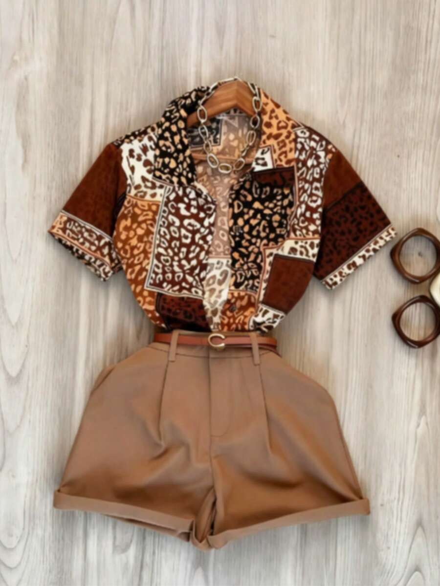 Elegant Retro Leopard Print Collared Short Sleeve Blouse, Versatile Vintage Leopard Print Shirt For Women Summer - Multicolor - View 1