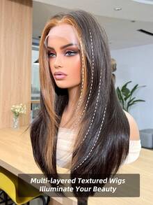 13*4 Front Lace Blended Wig Dark Brown With Light Brown Highlights Multi-Layered Elegant Enchanting Wig Blended Wigs Suitable For Daily Party Festival And Cosplay Wigs For Women Hairstyle