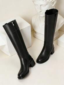 Reitoye 2025 New Fall Fashion Knee High Black Boots For Women Thick Heel Solid Color Side Zipper Round Toe Comfortable Classic Wide Calf Boots Winter Party Motorcycle Nightclub Shoes Versatile Style - 黑色 - 查看 5