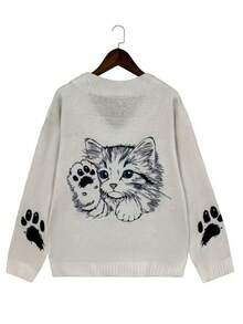 Suéter de punto con escote en V con estampado de pata de gato, holgado y casual de manga larga, moda de talla grande para mujer, ropa de invierno de talla grande para mujer en color blanco - Blanco - Ver 4