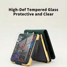 ALuoQ Fashionable 3D Embossed Painted Pattern Leather (Non-Animal Skin) Phone Case With Portable Finger Strap And Tempered Glass Screen Protector, Compatible With Samsung Z Flip 3 4 5 6 7 - Green - View 5