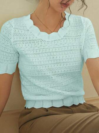 Knit Mix 优雅女士衬衫，独特蕾丝边饰圆领镂空短袖修身T恤，适合娇小身材，纯色，休闲/工作皆宜，春夏上衣，柔和复古奶油色，返校季春夏装，也适合圣诞节、感恩节和新年等休闲场合。