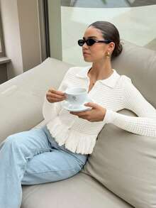 Áo khoác cardigan dệt kim dài tay màu trắng tối giản, thanh lịch, cổ bẻ, lãng mạn dành cho nữ, áo cardigan dệt kim khoét lỗ tua rua mùa xuân/hè, áo kiểu mùa xuân. - Bạch Tuyết Bay - Xem 7