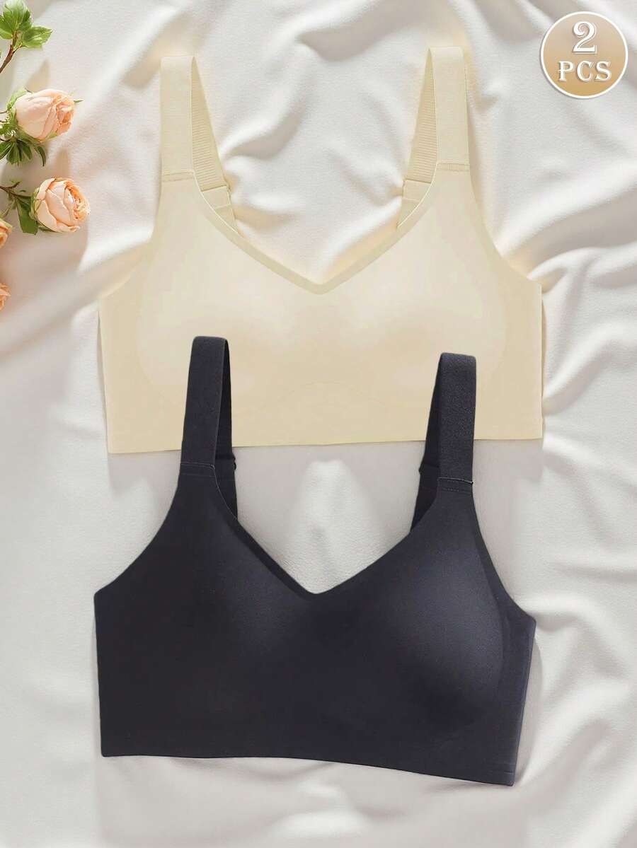 Set de 2 sujetadores deportivos minimalistas y cómodos para mujeres, sin cables, de unicolor - Multicolor - Ver 1