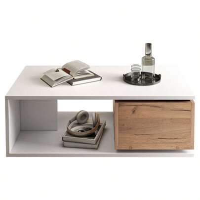 90*50*30cm Coffee Table, Drawer 360° Freely Rotatable, Coffee Table With 1 Drawer, High-Gloss Living Room Table With Open Storage Space, Sofa Table, Side Table, White + Wood Color