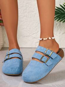 Women's Flat Slip-On Casual Bohemian PU Leather Sandals, Suitable For Home, Vacation, Office In Autumn - Blue - View 4