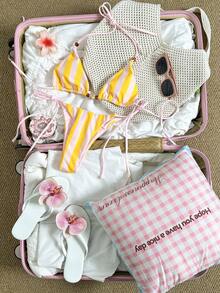 Conjunto de bikini de mujer a rayas amarillas y rosas, sexy con cuentas, de tela de alta elasticidad, adecuado para la playa, la piscina, fiestas, vacaciones - Primavera/Verano - Rosa - Ver 3