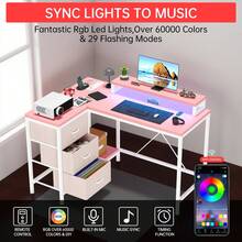 Estación de Trabajo Ergonómica Moderna en Forma de L | Mesa Esquinera para Oficina en Casa con Tomas de Corriente, Luces LED, Cajones y Estantes - Rosa - Ver 4