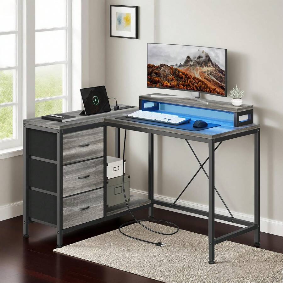 Mesa Esquinera en Forma de L con Tomas de Corriente y Luces LED | Estación de Trabajo Ergonómica para Oficina en Casa - Gris - Ver 1