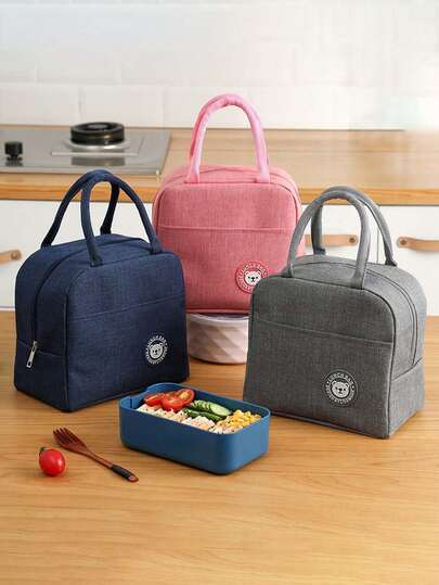 1 pieza Bolsa de almuerzo aislada con estampado de oso, bolsa térmica de bento de tela no tejida, bolsa rectangular lavable para alimentos con cierre de cremallera, sin contacto directo con los alimentos, esencial para la temporada de regreso a la escuela