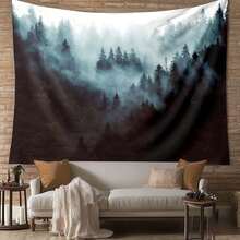 1pc Polyester Misty Evergreen Forest Tapestry, Suitable For Living Room & Bedroom Decor, Forest Landscape Design, Soft Fabric, Large Size, Home Decor, Elegant And Atmospheric Style, Showcasing Misty Natural Scenery - Multicolor - View 1