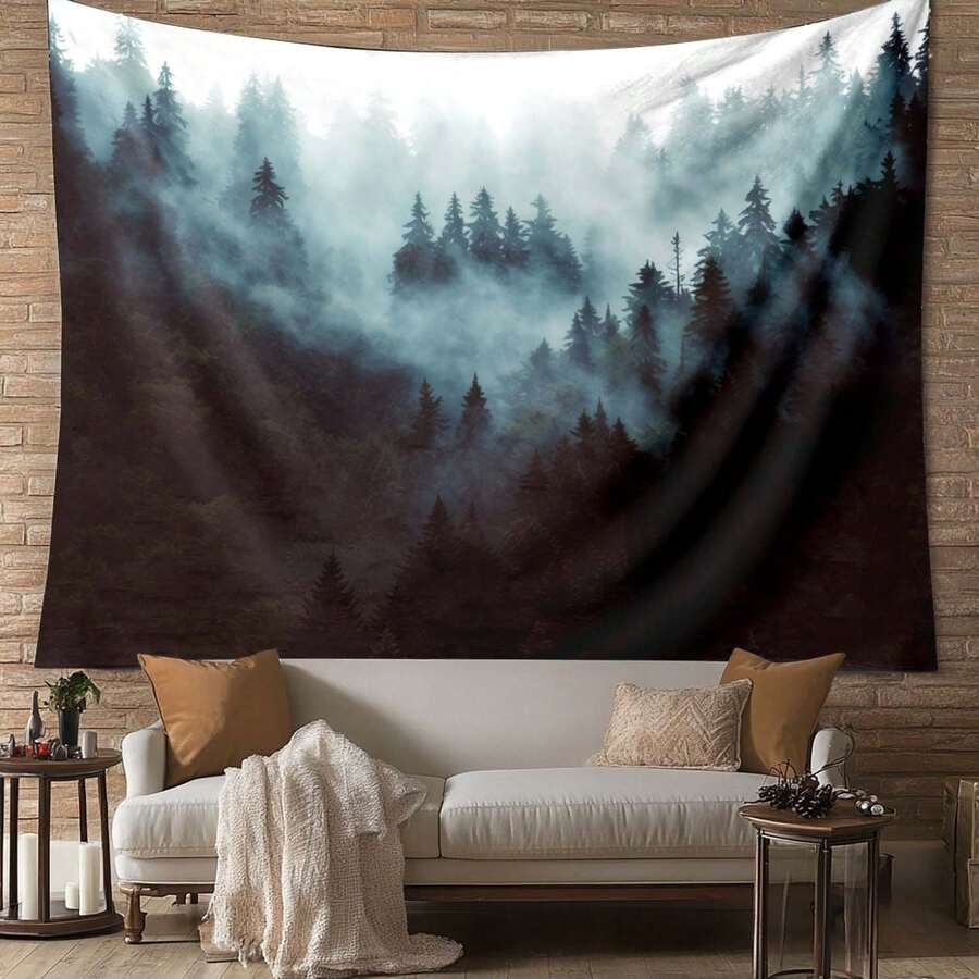 1pc Polyester Misty Evergreen Forest Tapestry, Suitable For Living Room & Bedroom Decor, Forest Landscape Design, Soft Fabric, Large Size, Home Decor, Elegant And Atmospheric Style, Showcasing Misty Natural Scenery - Multicolor - View 1
