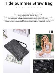 1件装时尚女士草编链条手提包 - 大容量，草编包 - 拉链封口托特包，编织手机零钱包，拉链封口，带编织手柄，涤纶衬里，可收纳手机、钥匙、零钱 - 休闲沙滩包，日常购物包，天然编织设计，彩色绳带，旅行配件，波西米亚风格 - 彩色 - 查看 9