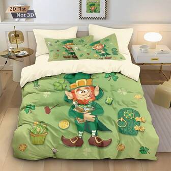三件套（1个被套+2个枕套，不含填充物），绿色圣帕特里克节数码印花床上用品套装，柔软保暖，透气性好，四季皆宜。提供多种尺寸，包括加大码，满足不同需求，适合所有人及各种房间。简约高端，是度假必备。拉链封口，可机洗，是理想的卧室装饰品和礼品，适用于酒店、卧室、宿舍等场所。