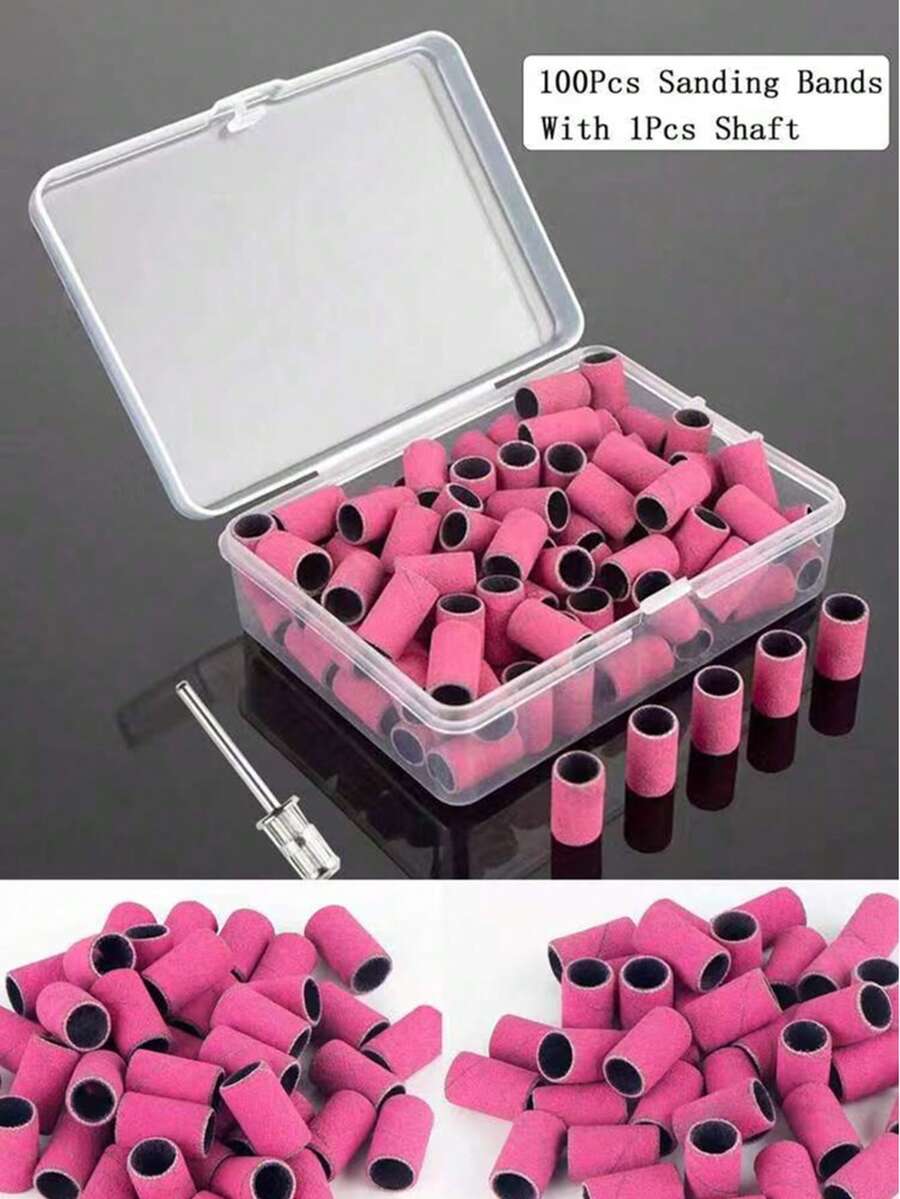 100pcs/Box Sanding Band Set, Includes Metal Shaft, Nail Drill Bits For Removing Nail Polish, Gel, Calluses And Cuticles, With Sanding Band Cutter, Manicure Supplies, Nail Care Tools, Back To School, Nails, Manicure Tools, Fake Nails Tools - Hot Pink - View 1