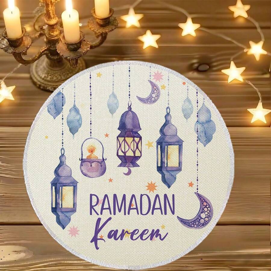 1/4/6件装中东节日系列圆形餐垫，紫色新月烛台花卉装饰，灯笼图案，涤纶餐垫，隔热垫，厨房装饰桌垫，西式餐桌垫，桌面装饰 - 彩色 - 查看 1