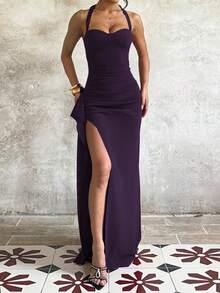 Onicee 夏季连衣裙，紫色露背系带荷叶边下摆派对礼服，优雅连衣裙，适合情人节、约会、聚会、派对、旅行、度假、海滩等场合。 - 紫色 - 查看 7