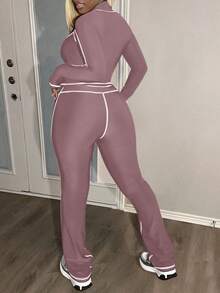 LovelyWholesale Women's Stand Collar Long Sleeved Zipper Striped Contrasting Trim Jacket And Pants Set Spring Clothing - Dusty Pink - View 3