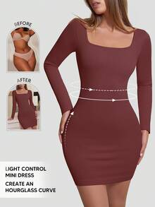 Women's Black Bodycon Dress, Square Neck Ribbed Long Sleeve Fitted Mini Dress