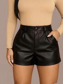 Women's High-Waisted Faux Leather Shorts With Pockets - Sophisticated Charm - màu đen - Xem 1